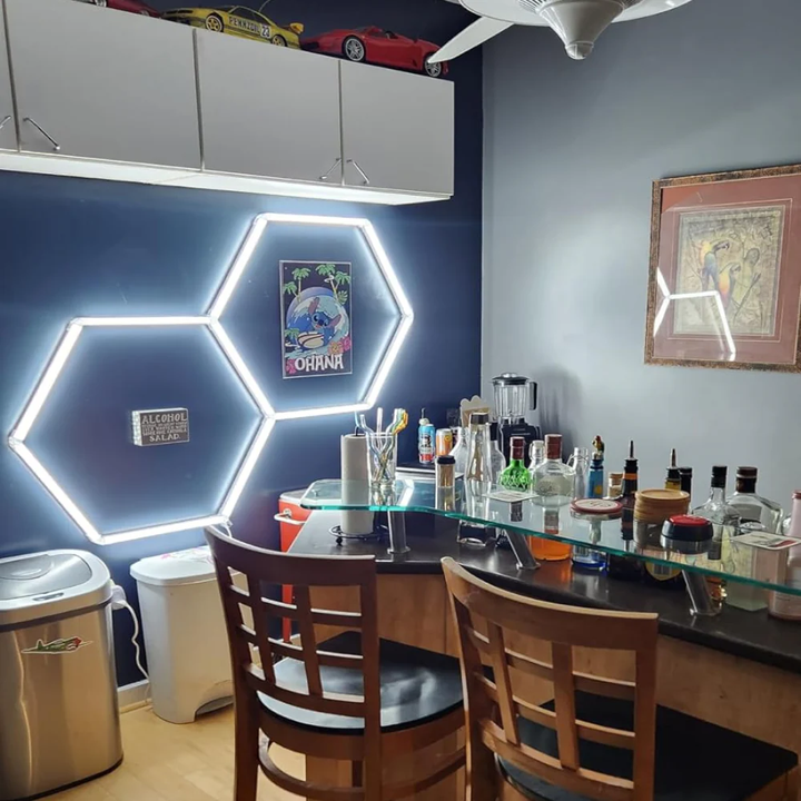 2 Hexagon LED light on dark wall 