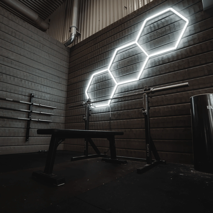 3 hex lights in small gym area 