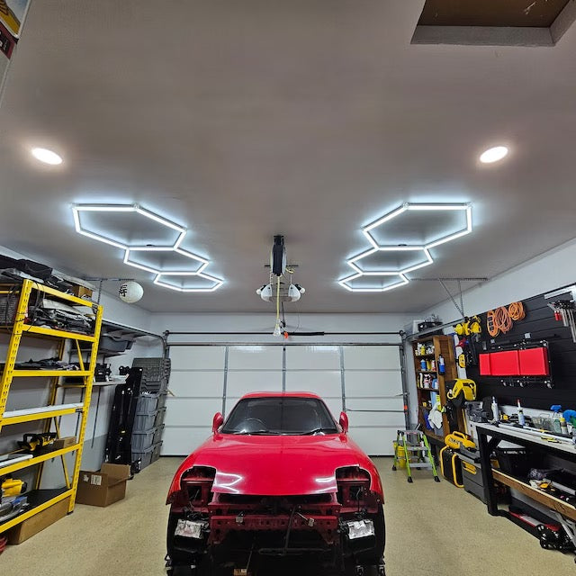 3 hexagon lights in garage space