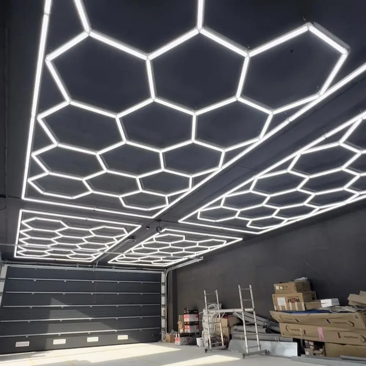 4 Set of hex lighting 14 grid in garage 