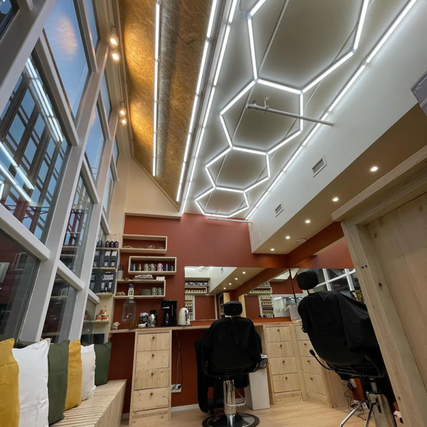 4 hexagon lighting in small barbershop 