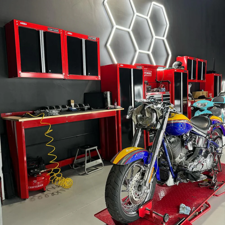 5 grid garage hexagon lighting system on black wall 