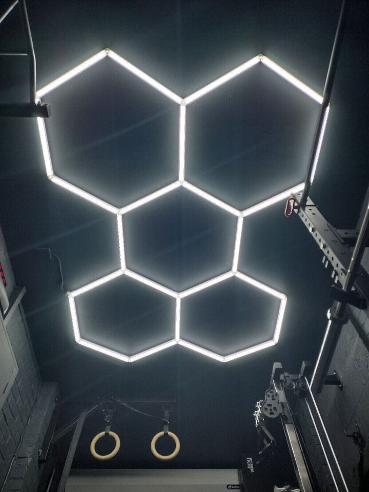 hexagon lighting in garage gym