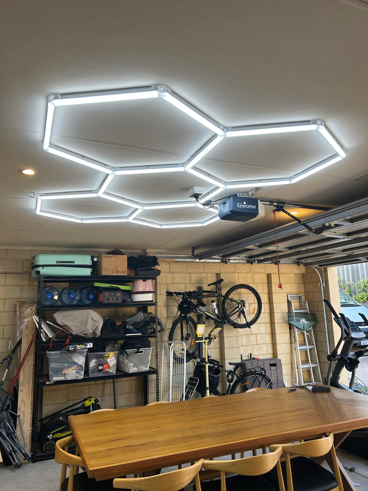 5 grid hexagon lighting in house garage 