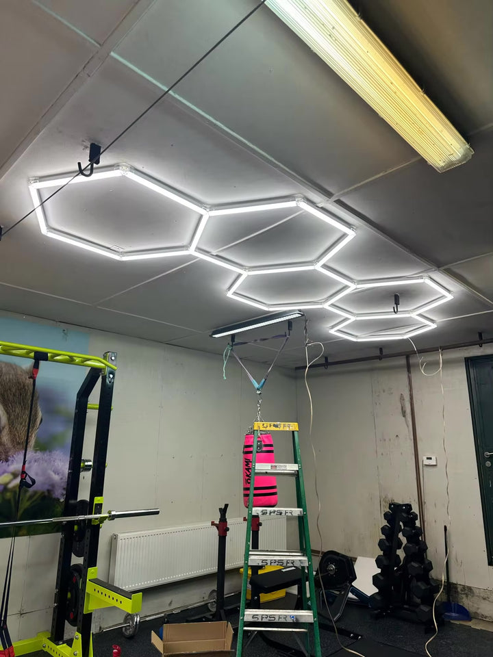 long 5 hex lighting in home gym