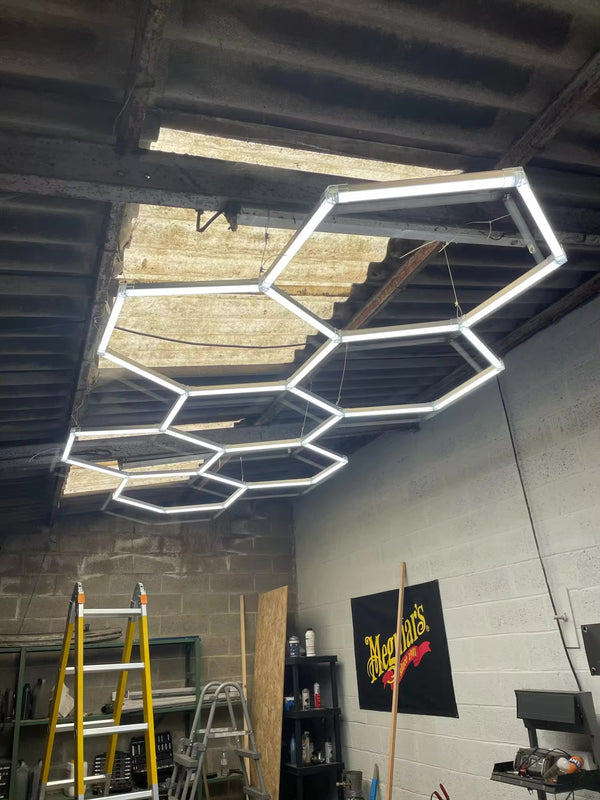 long 7 hex led lighting in workshop